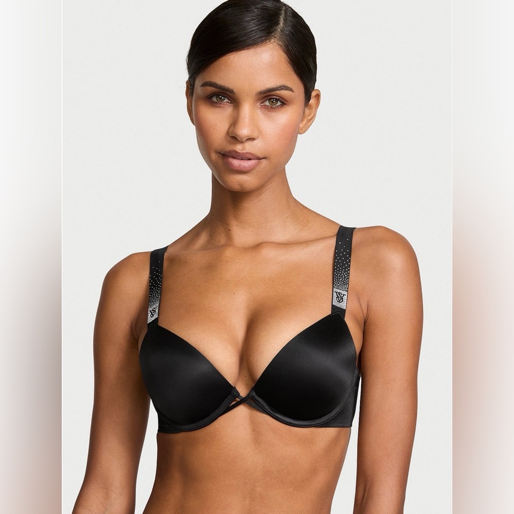 Victoria's Secret Black Satin Push-Up Bra with Logo-Strap Detail
